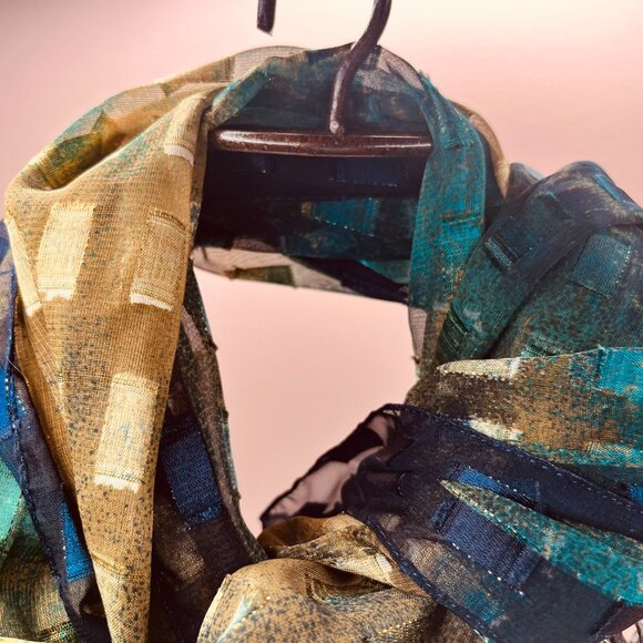 Vintage Modernist Geometric Scarf — Blue, Green & Gold Pattern - Picture 8 of 16